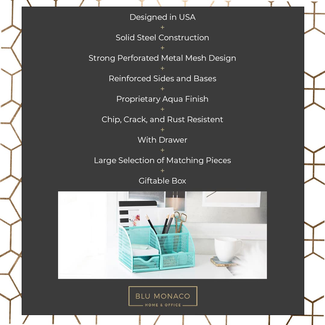 BLU MONACO Aqua Desk Organizer | Metal Turquoise Stationery Holder With Drawer and Compartments |