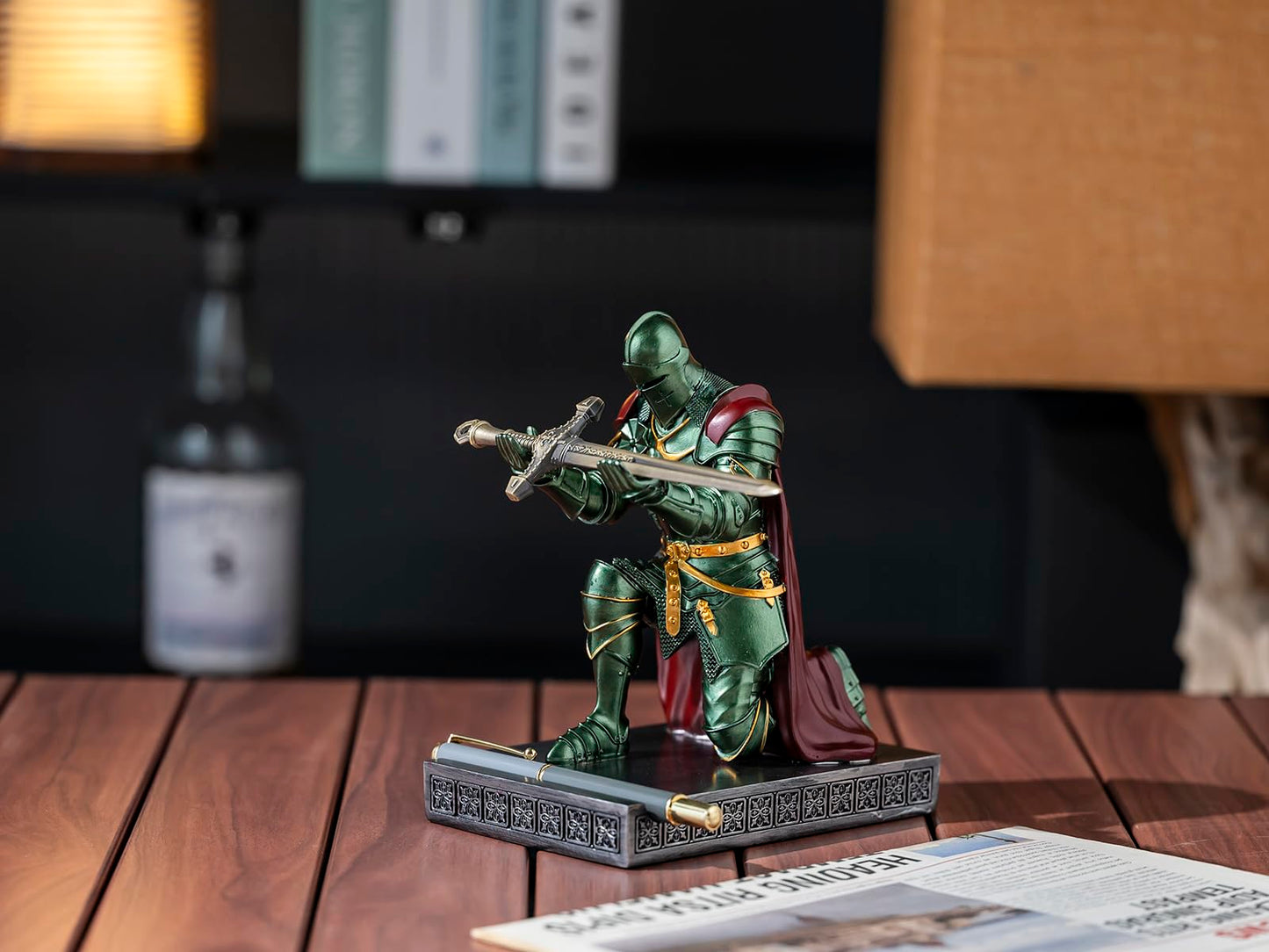 Medieval Armored Knight Pen Holder Figurine Paperweight Phone Stand Green