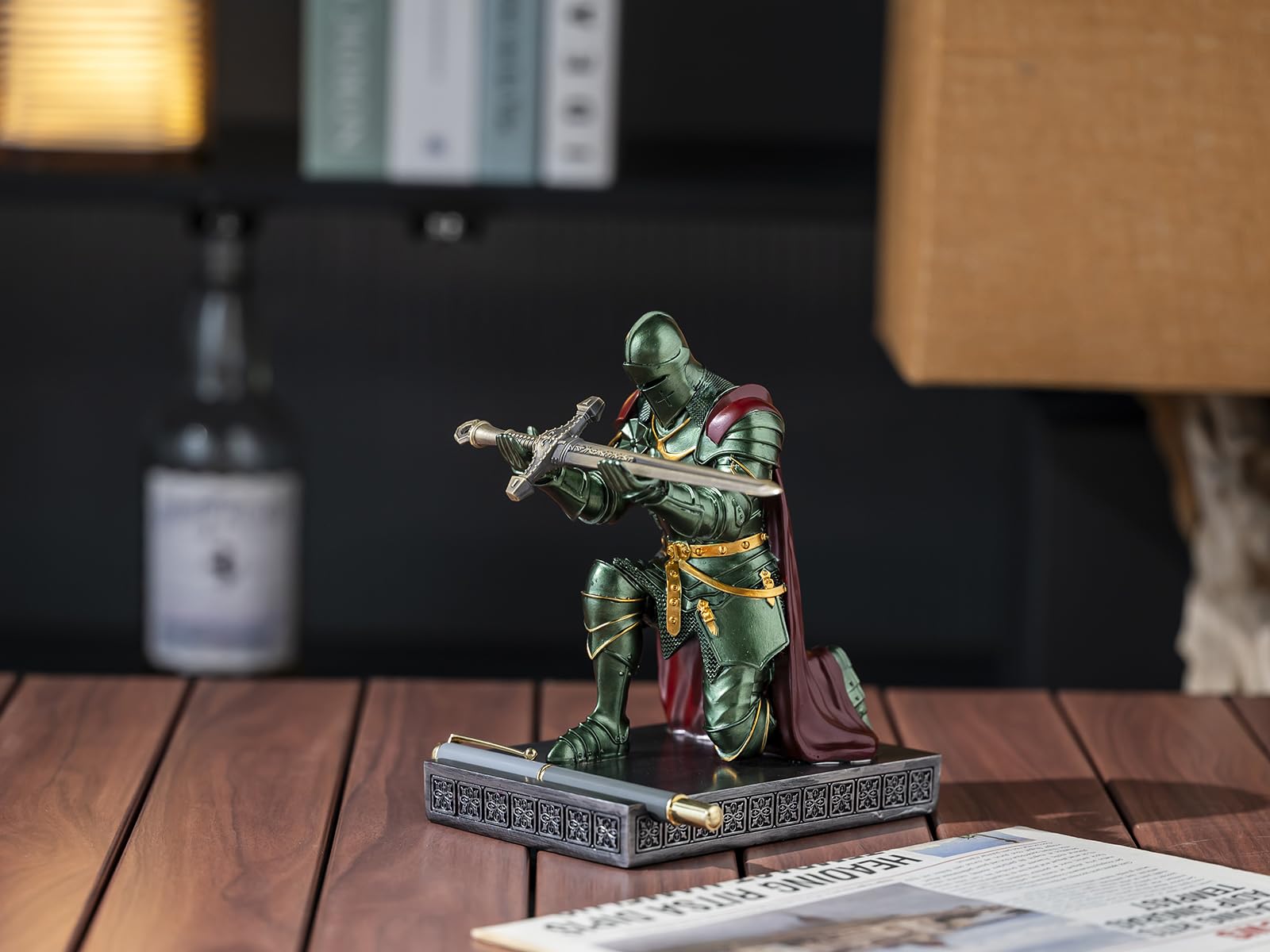Medieval Armored Knight Pen Holder Figurine Paperweight Phone Stand Green