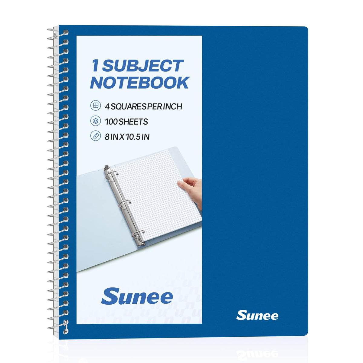 SUNEE Spiral Notebook, 1-Subject, Graph Ruled Paper, 8" x 10-1/2", 100 Sheets per Notebook, 3-Hole