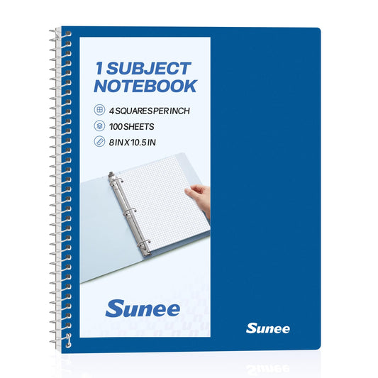 SUNEE Spiral Notebook, 1-Subject, Graph Ruled Paper, 8" x 10-1/2", 100 Sheets per Notebook, 3-Hole