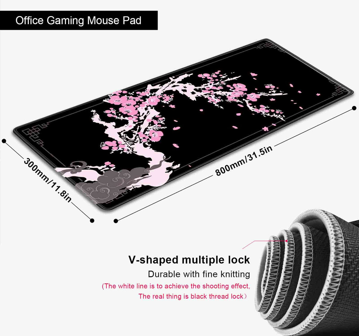 SXCKANG Japanese Pink Cherry Blossom Desk Pad, Black Long Mouse Pad Deskmat, Cute Desk Mat for