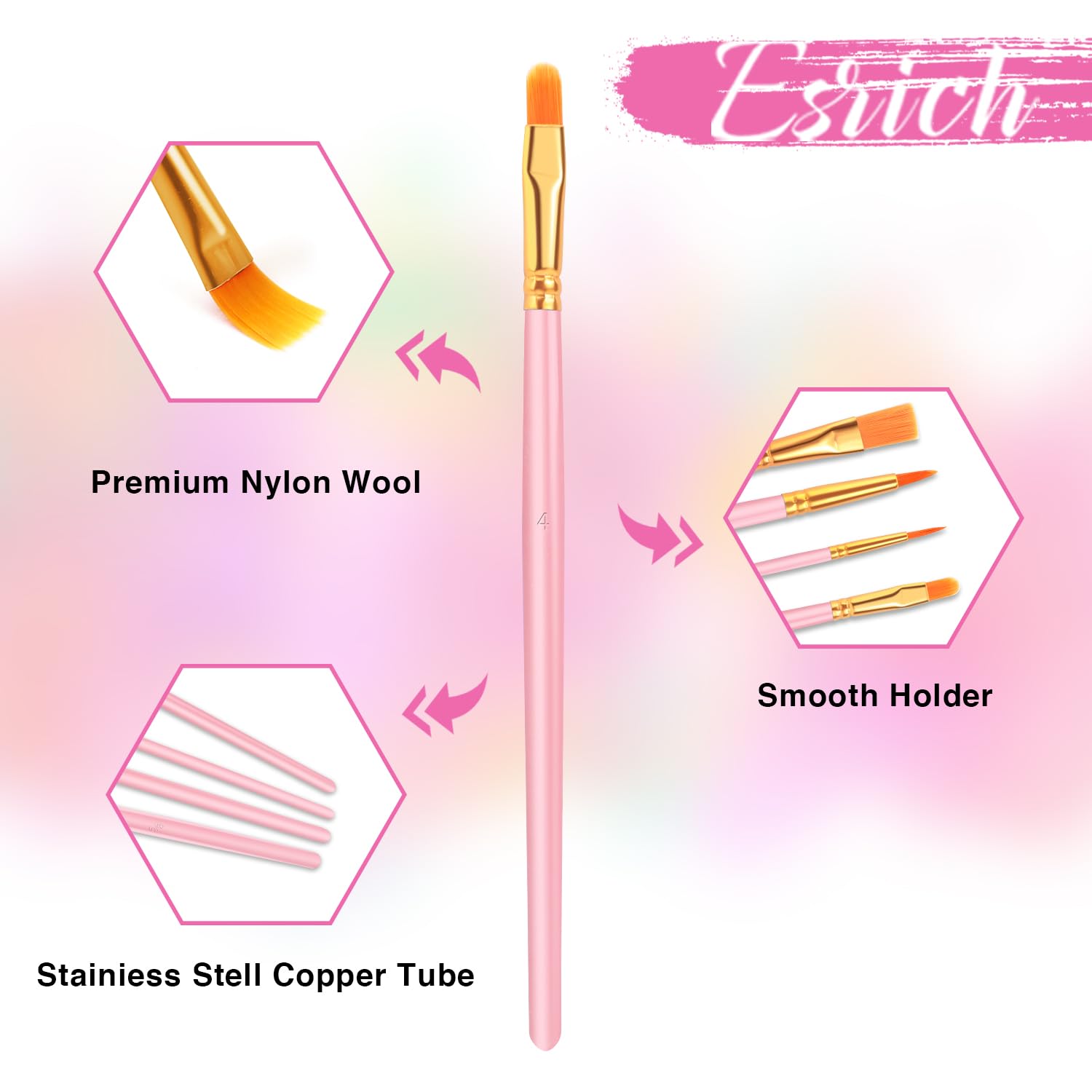 ESRICH 200PCS Pink Paint Brushes, Paint Brush for Acrylic Painting