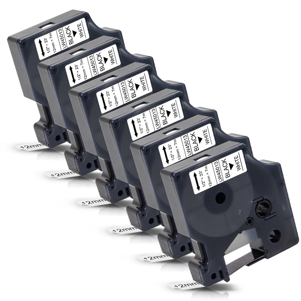 Labelwell 6-Pack a45013 Compatible Dymo D1 Label Tape Black on White