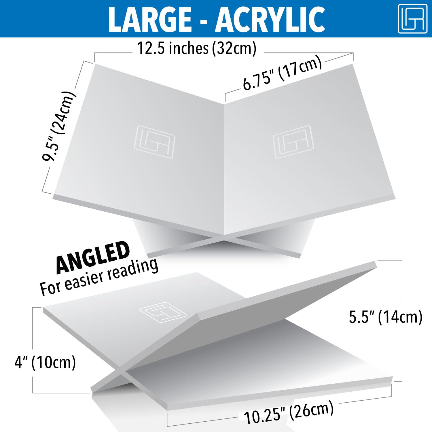 Baseline IGR Large White Acrylic Book Stand, 12.5" x 9.5" x 5.5”, Acrylic Book Holder, Open
