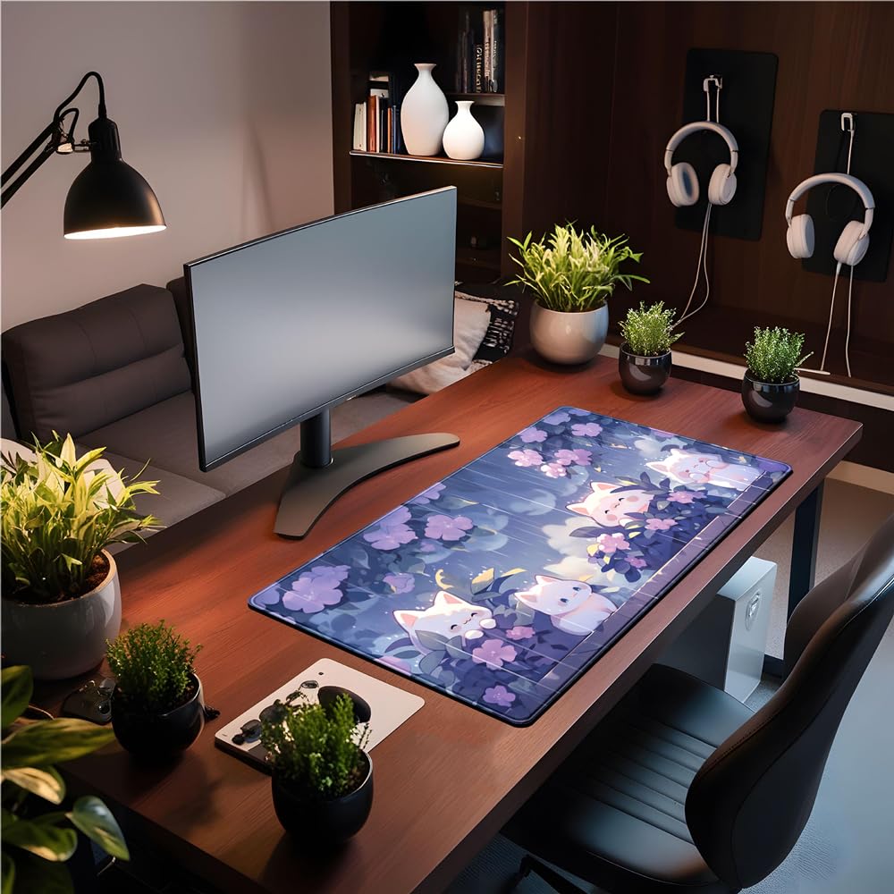 Kawaii Cat Desk Mat XXL Extended Purple Gaming Mouse Pad Large Mousepad
