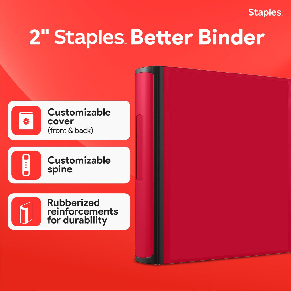 Staples Heavy-Duty 2-Inch D-Ring Binder, Red, Holds 540 Sheets