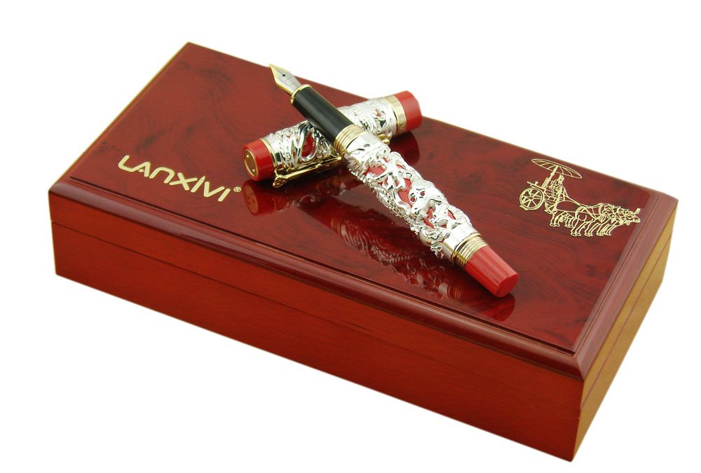 Jinhao Dragon Phoenix 3D Embossment Silver Red Fountain Pen Fine Nib Chinese Ruyi Clip Wooden Gift