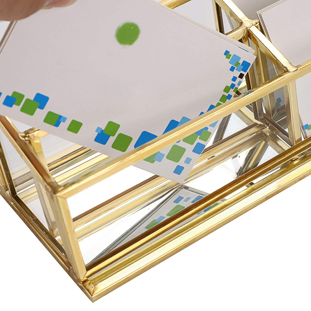 Hipiwe 4 Slots Vintage Business Card Holder Stand, Clear Glass & Gold Metal