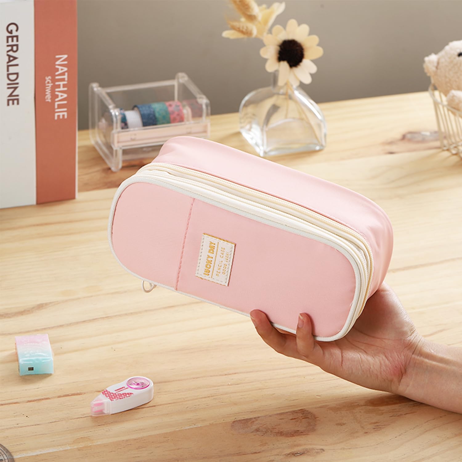Dugio Pencil Case for Girls Kids Teens Big Pencil Bag with Zipper Pink