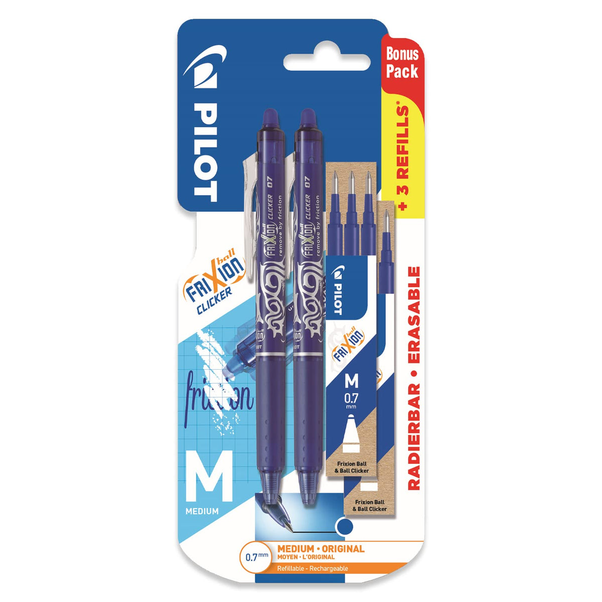 PILOT Frixion Clicker - Retractable Erasable Gel Ink Pens - Blue Ink - Medium 0.7mm Nib - Blister