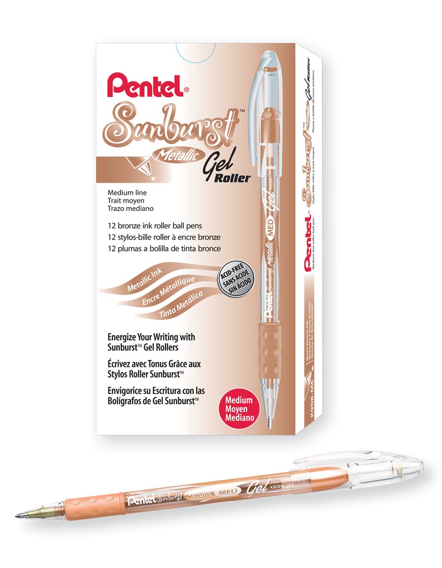 Pentel Sunburst Metallic Gel Pen, 0.8mm Tip Writes 0.4mm Line, Bronze/Transparent Barrel Bronze