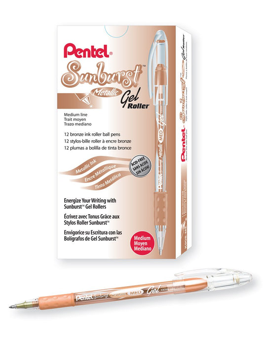 Pentel Sunburst Metallic Gel Pen, 0.8mm Tip Writes 0.4mm Line, Bronze/Transparent Barrel Bronze