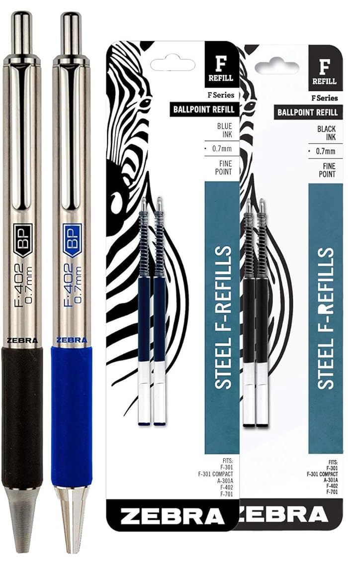Zebra F-402 Ballpoint Stainless Steel Retractable Pens With Refills, Fine Point, 0.7mm, Black/Blue