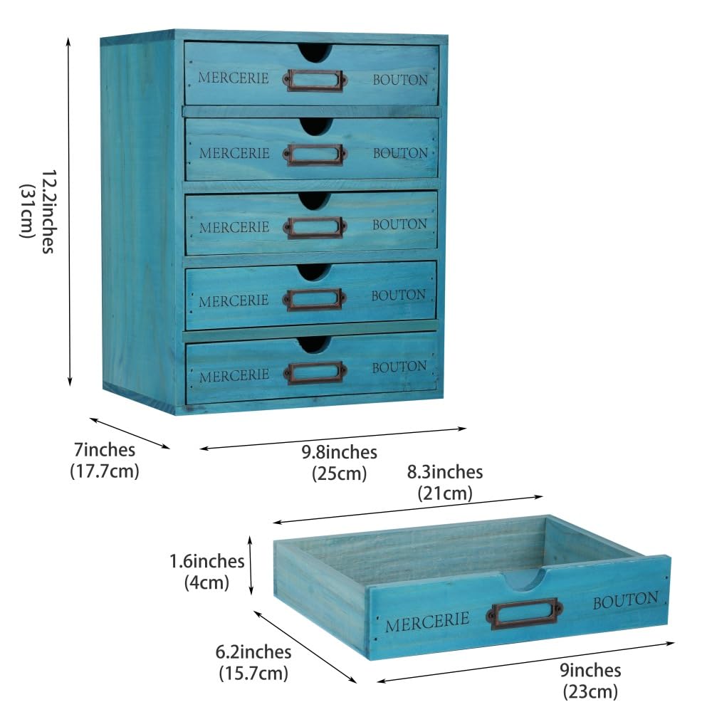 BoxSkivra Small Wooden Drawers Wooden Box with Drawer, Blue 5 Wood Drawer