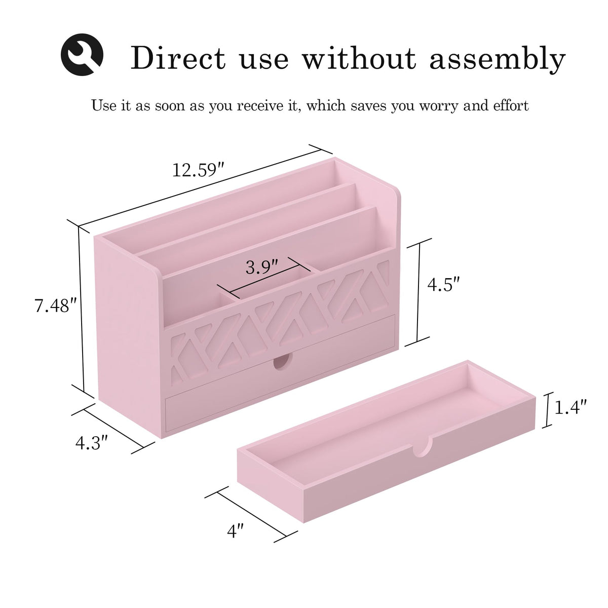 Wisuce Bamboo Mail Organizer with Drawer, Countertop Desk Organizer (Pink)