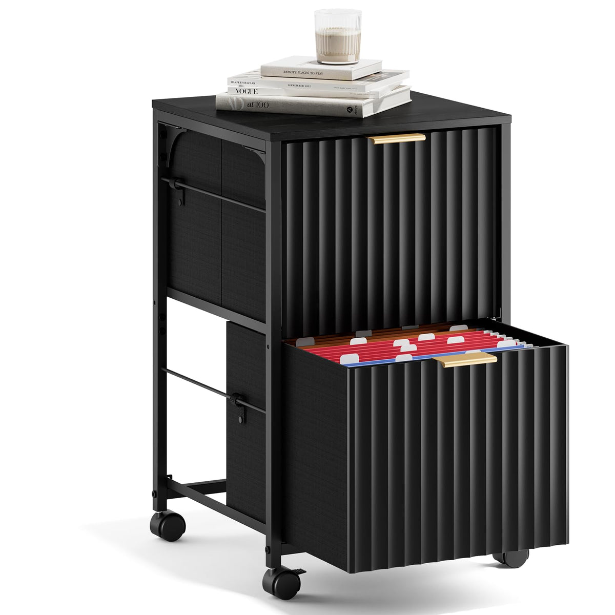 Bonnlo 2 Drawer Mobile File Cabinet, Rolling Fluted Filing Cabinet Under Desk File Cabinet with
