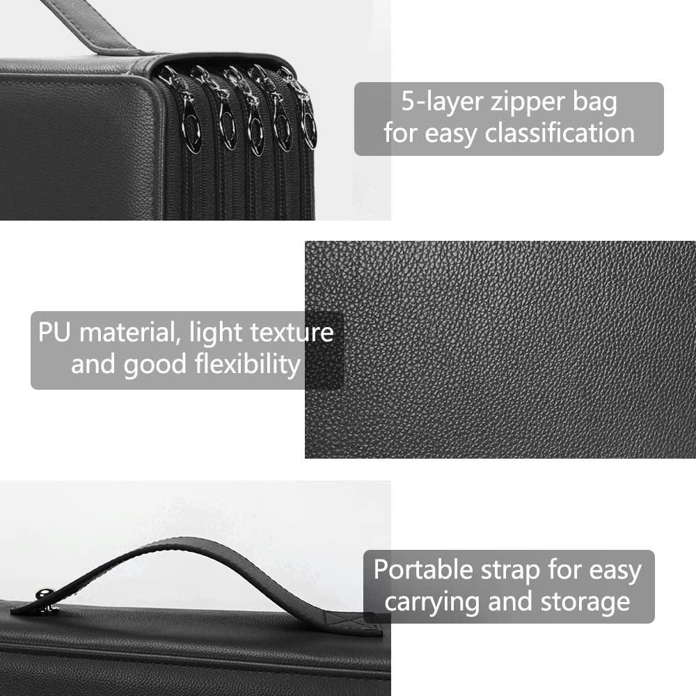 Vomgomfom 252 Slots Pencil Case 5-Layer PU Leather, Handle, Solid Black