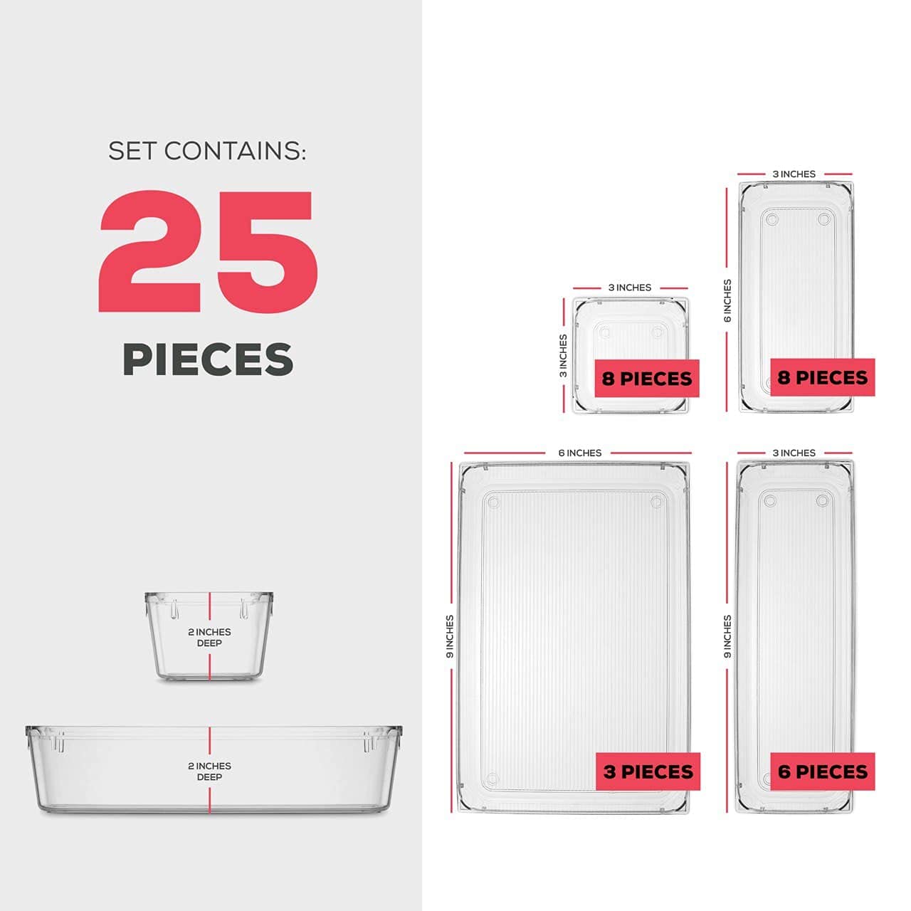 Seseno 25 PCS Clear Plastic Drawer Organizers Set, 4-Size Versatile Bathroom and Vanity Drawer