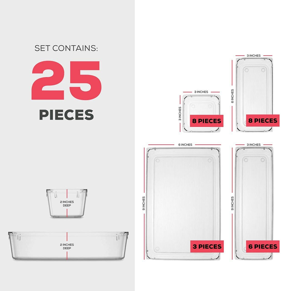 Seseno 25 PCS Clear Plastic Drawer Organizers Set, 4-Size Versatile Bathroom and Vanity Drawer