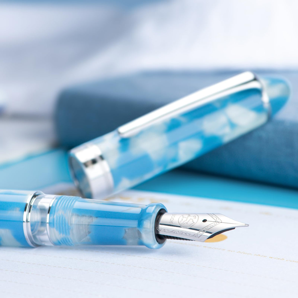Asvine P50 Piston Fountain Pen Bock Medium Nib Sky Blue Resin, Silver Trim Smooth Writer Collection