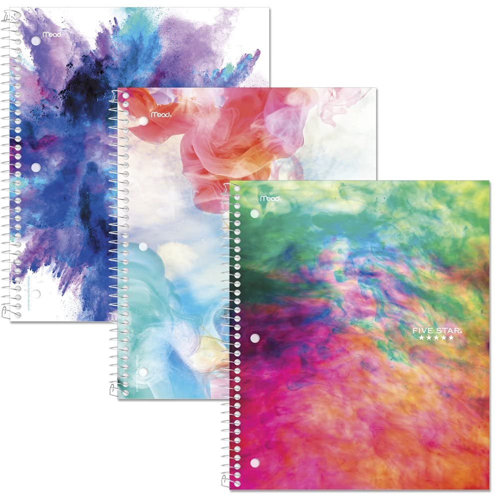 Five Star Spiral Notebooks, 1 Subject, College Ruled, 11" x 8-1/2", Cute Designs Bright Colors, 3