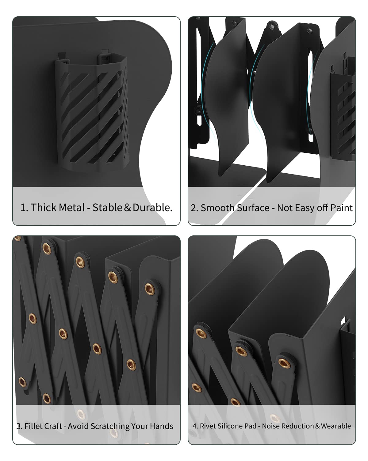 MSDADA Adjustable Bookends, Book Ends for Heavy Books, Expandable Book Organizer with Pen Holder