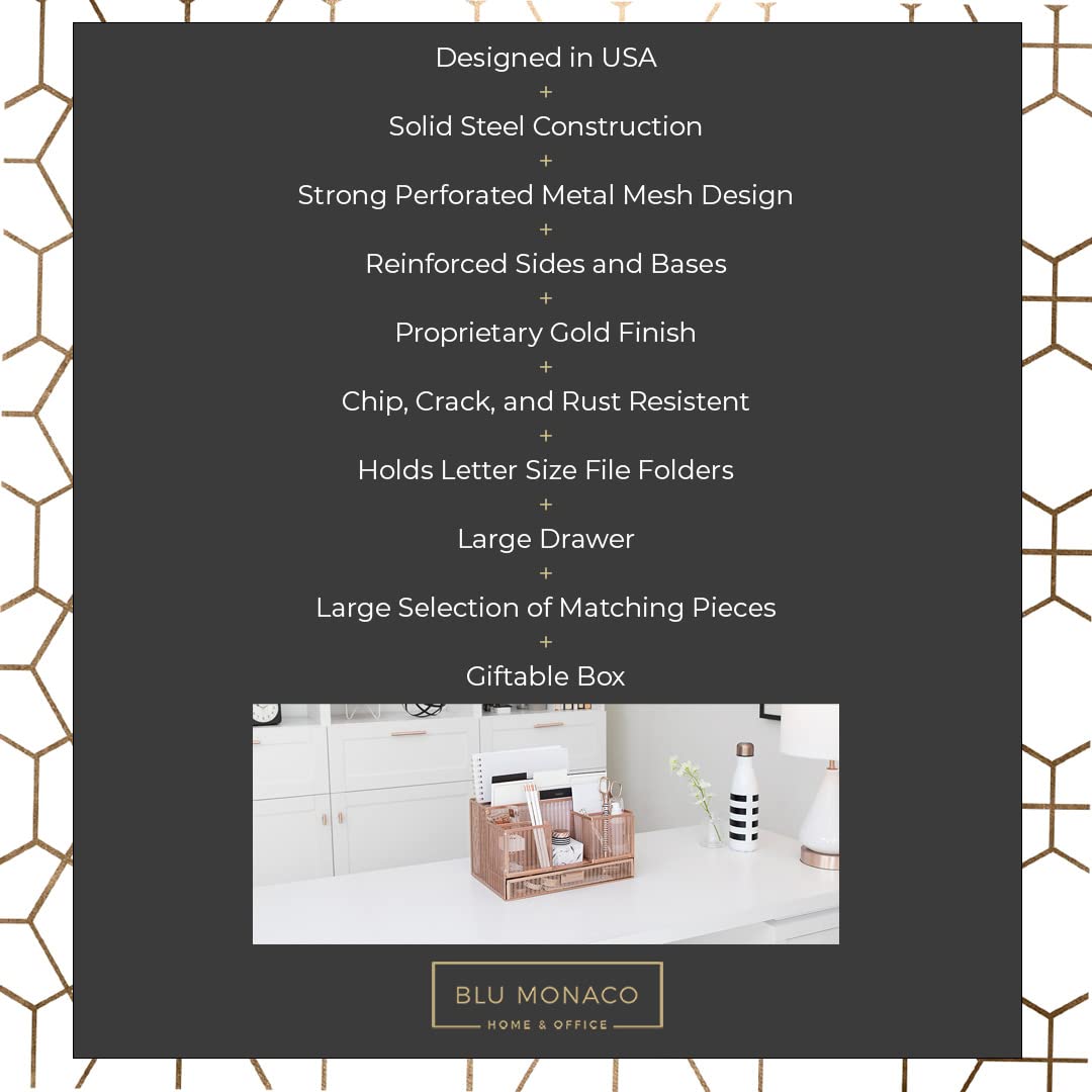 BLU MONACO | Rose Gold Desk Organizer with Sticky Note & File Holder | Metal Mesh Desktop Organizer