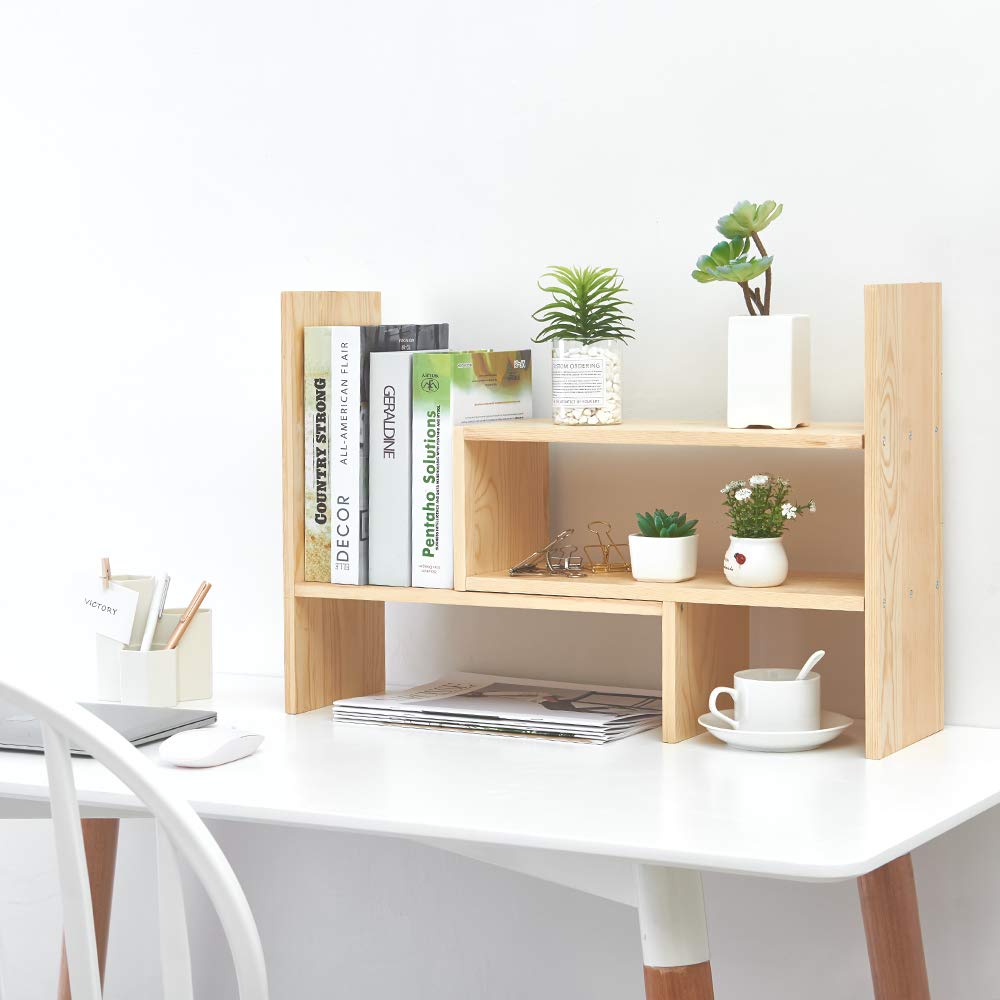 Liry Products Beige Adjustable Extendable Natural Wood Desktop Organizer Caddy Desk Organizer