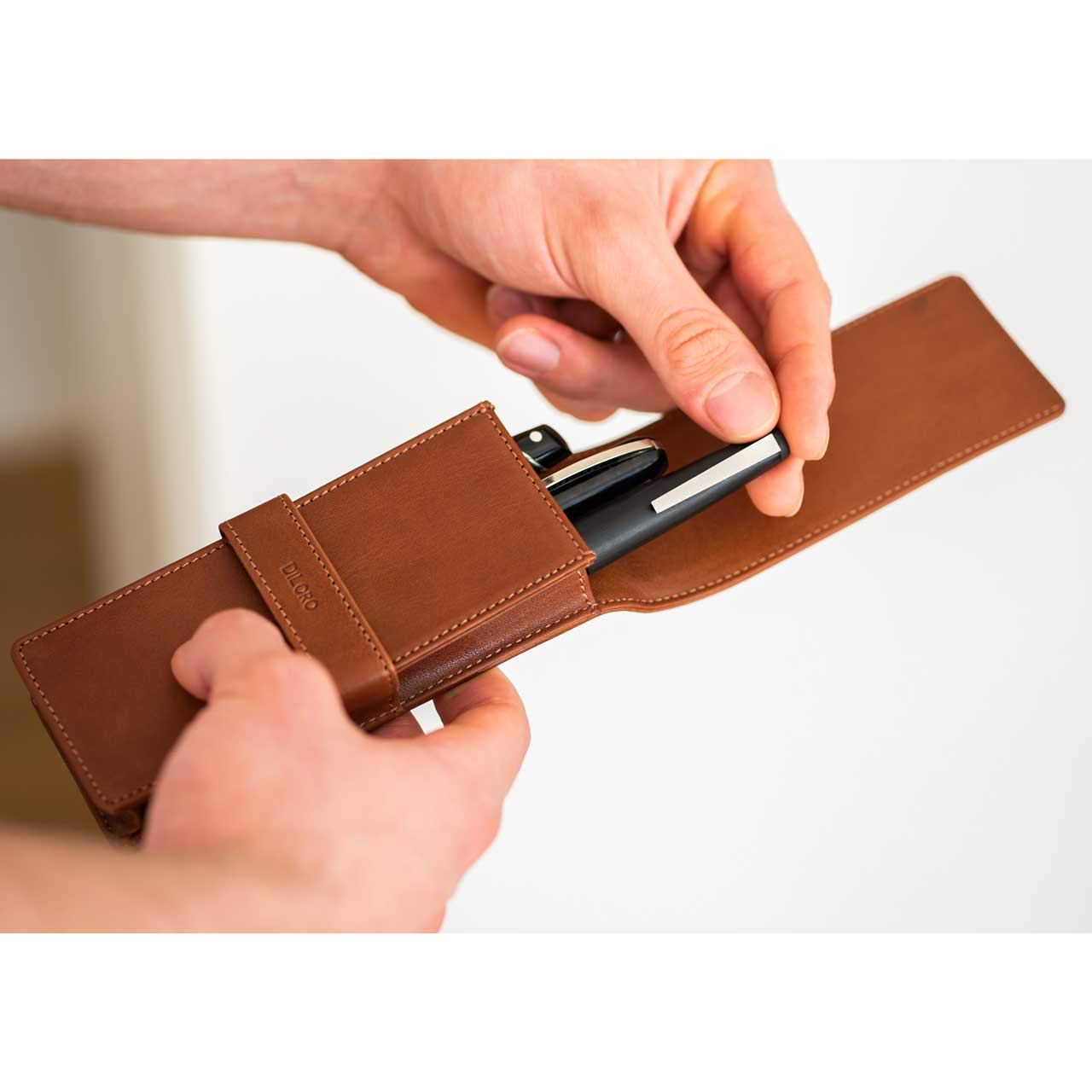 DiLoro Leather Triple Pen Case Pencil Pouch Holder for Three Fountain Ballpoint Rollerball Pens and