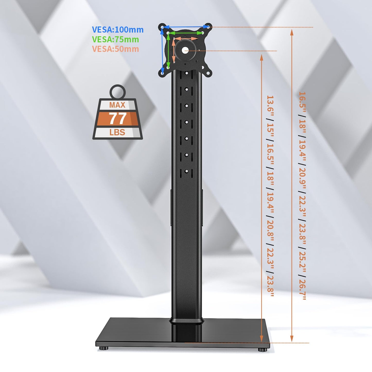 Single Monitor Stand Freestanding 27-43 Inch Monitor Arm Curved Screen Monitor Mount Tempered Glass