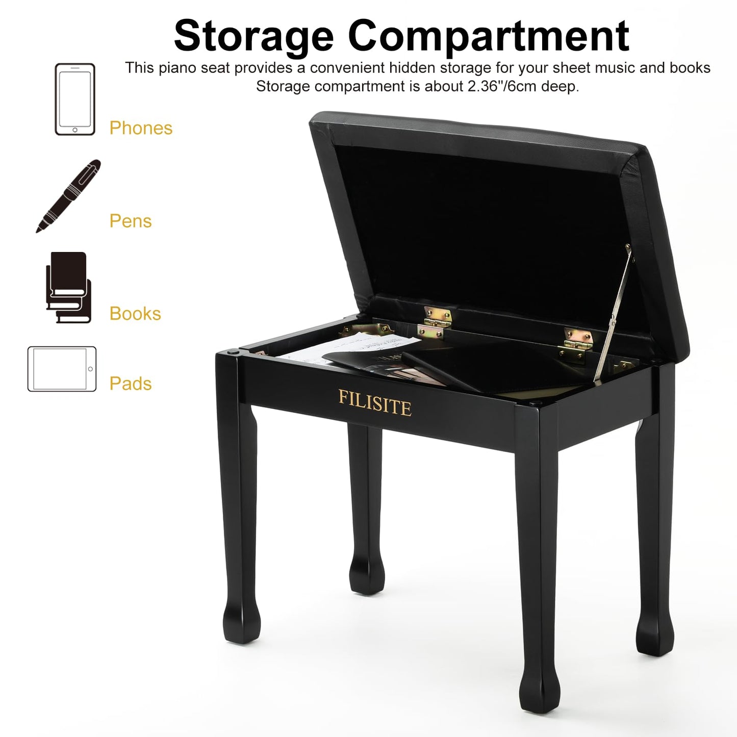 FILISITE Wooden Piano Bench with Storage, Piano Stool with Waterproof Padded Cushion, Bench Seat