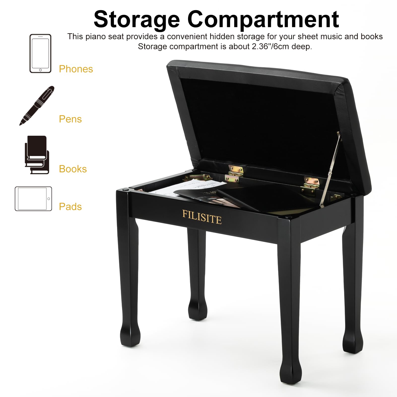 FILISITE Wooden Piano Bench with Storage, Piano Stool with Waterproof Padded Cushion, Bench Seat