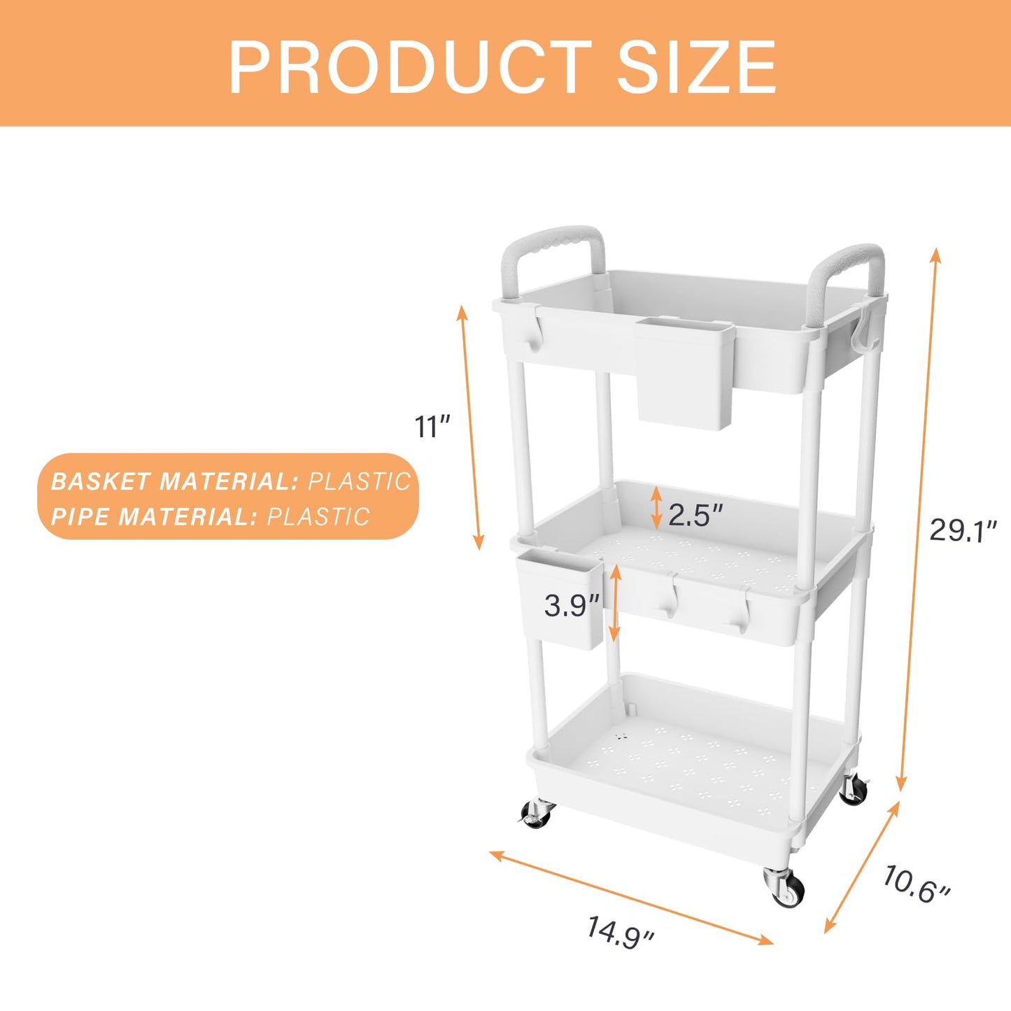 3 Tier Rolling Utility Cart with Handle,REBECAT Utility Cart Made of Multifunctional Storage