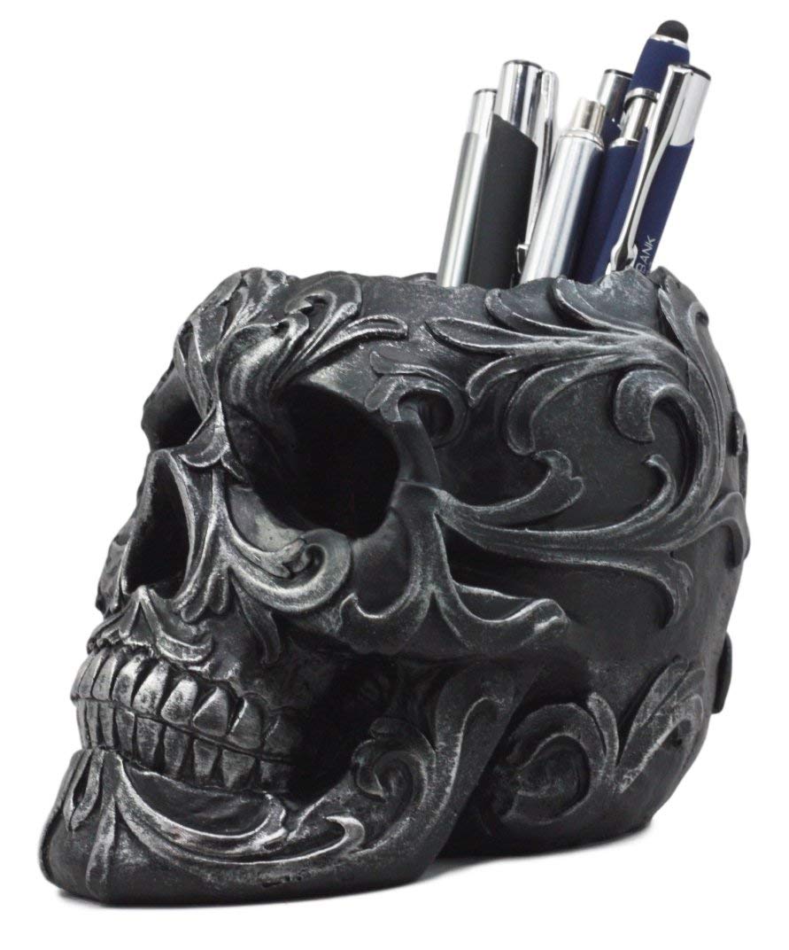 Ebros Gift Set Of 2 Tribal Tattoo Floral Skull Pen Holder Figurine 5.75" L Office Desktop Ossuary