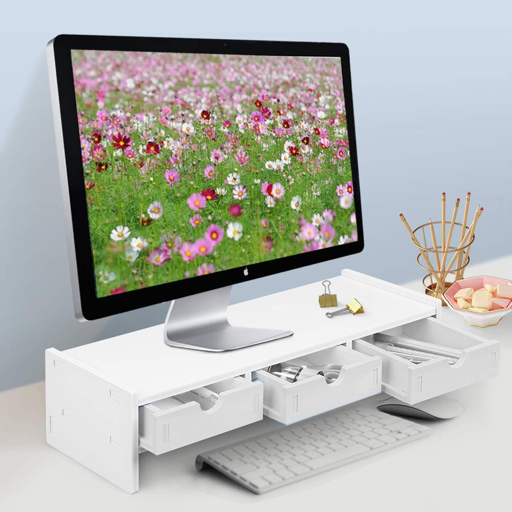 valen Monitor Stand Riser, Computer Laptop Riser Shelf with 3 Organizer Drawers (White, 19.5" L x