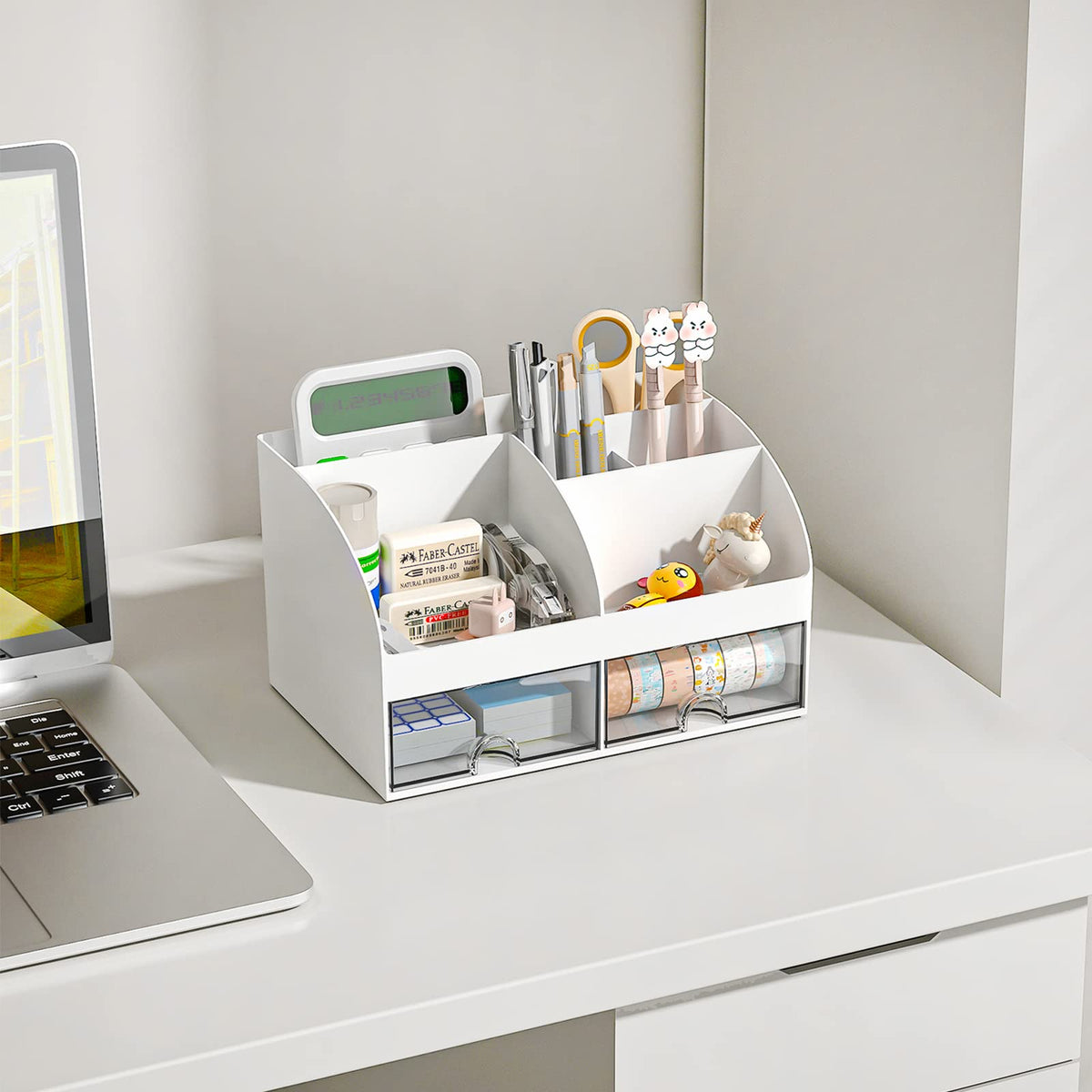 COMFYROOM Desk Organizer with 6 Compartments and 2 Drawers, Plastic Makeup Organizer, Pen Holder