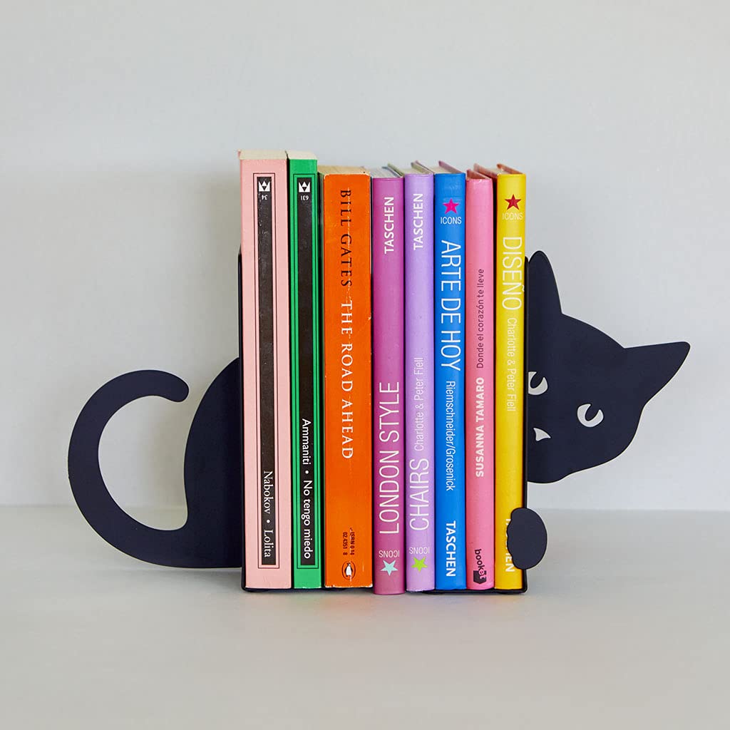 Balvi Hidden Cat Bookend – Black Metal Book Holder for Shelves – Decorative and Functional Book