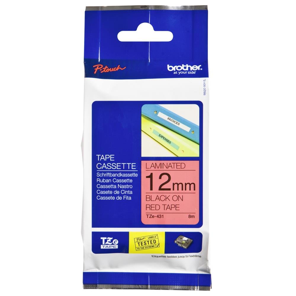 Brother TZe-431 Labelling Tape Cassette, Black on Red, 12 mm (W) x 8 m (L), Laminated, Brother