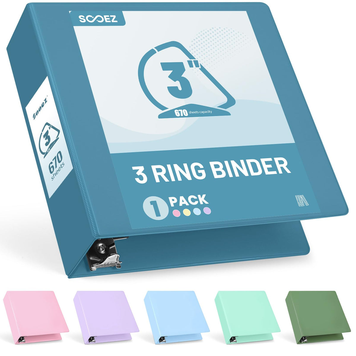Sooez 3 Ring Binder 3 Inch, Large Binder with Pocket, Grey Blue, 8.5"x11"