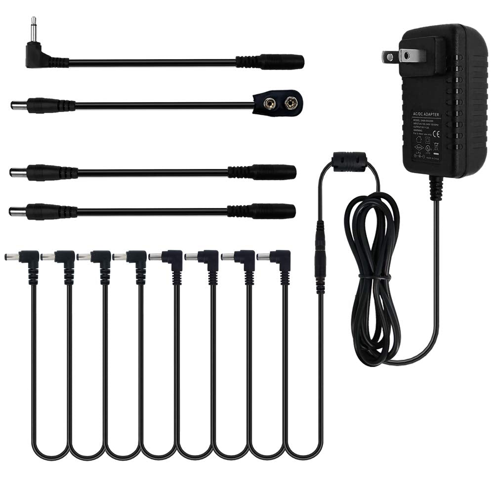 pigtone Pedal Power Supply Adapter 9V DC 2A 2000ma Tip Negative 8 Way Daisy Chain Cables for Guitar