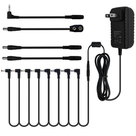 pigtone Pedal Power Supply Adapter 9V DC 2A 2000ma Tip Negative 8 Way Daisy Chain Cables for Guitar