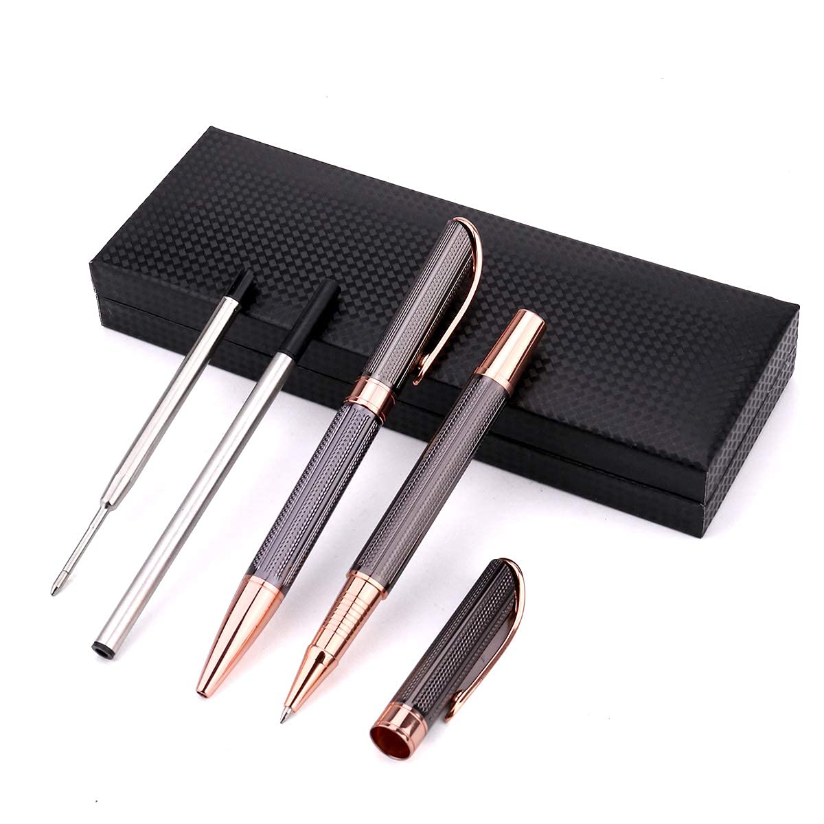 SHALORY Ballpoint and Rollerball Pen Set, Stylish Line Engraved Metal Pen Elegant Smooth Writing