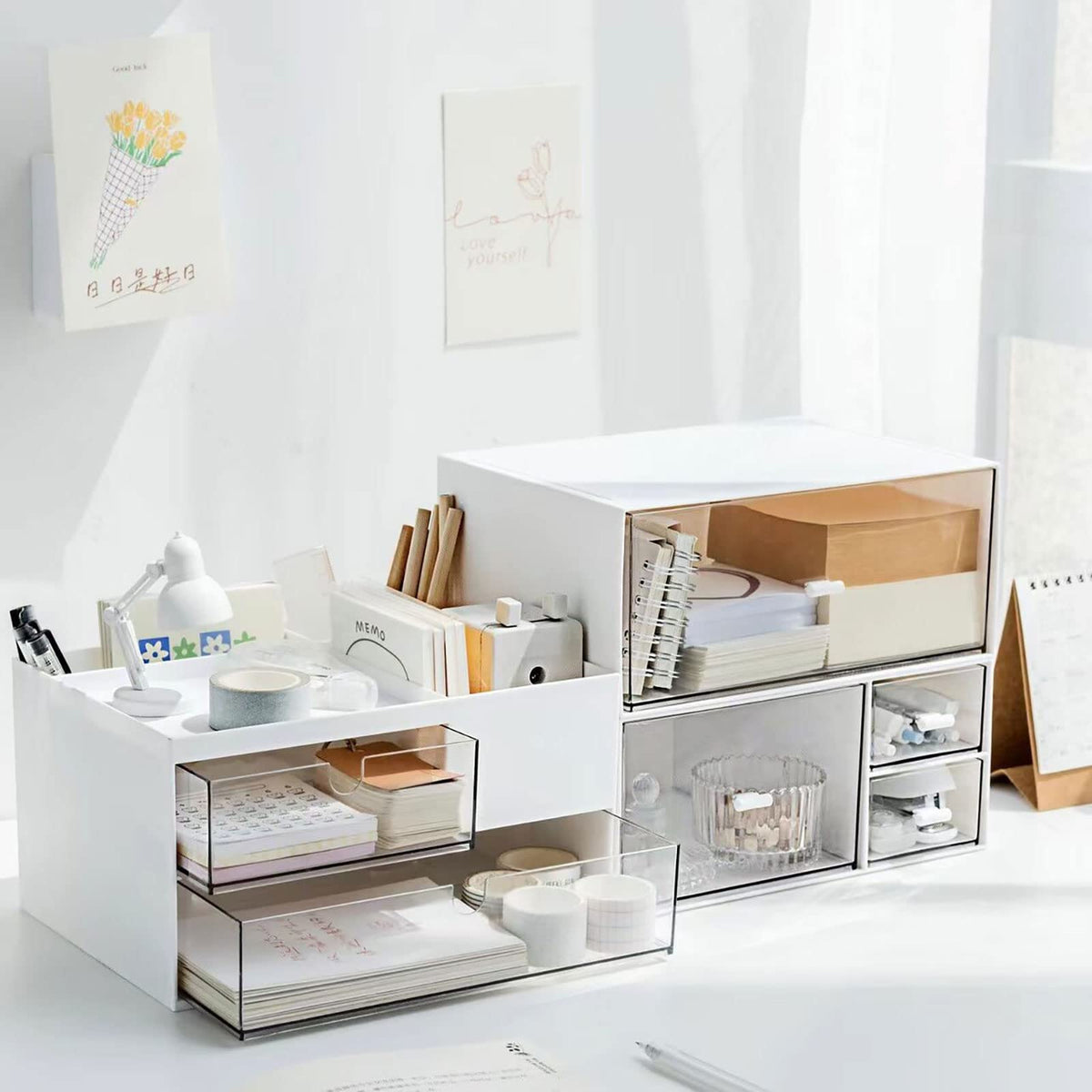Desk Drawer Organizer, Desk Storage Box with 2 Drawers and 4 Compartments, Multifunctional Desk