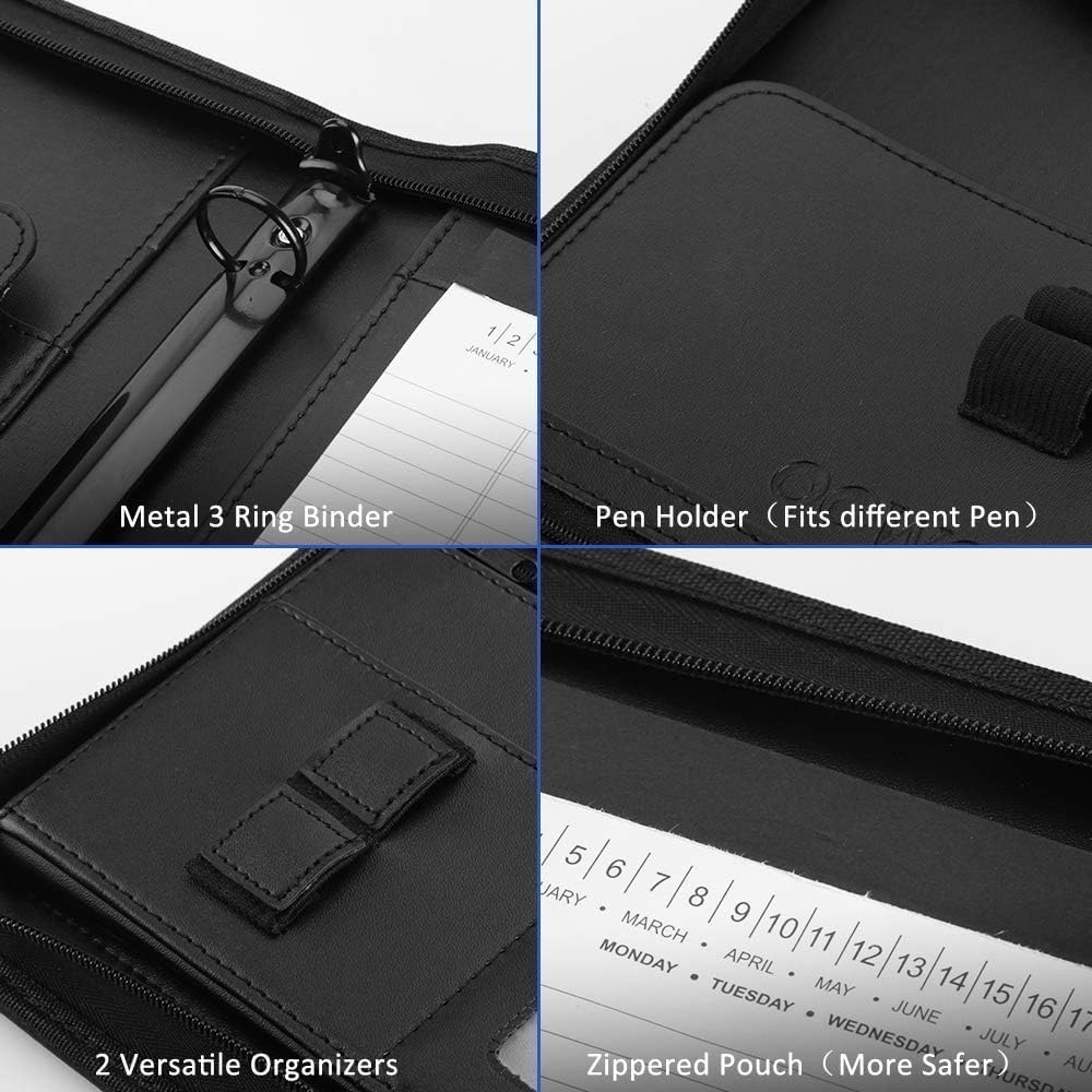 OOWOLF Portfolio Business Padfolio Folder with Zipper 3 Ring, Conference Meeting Executive File