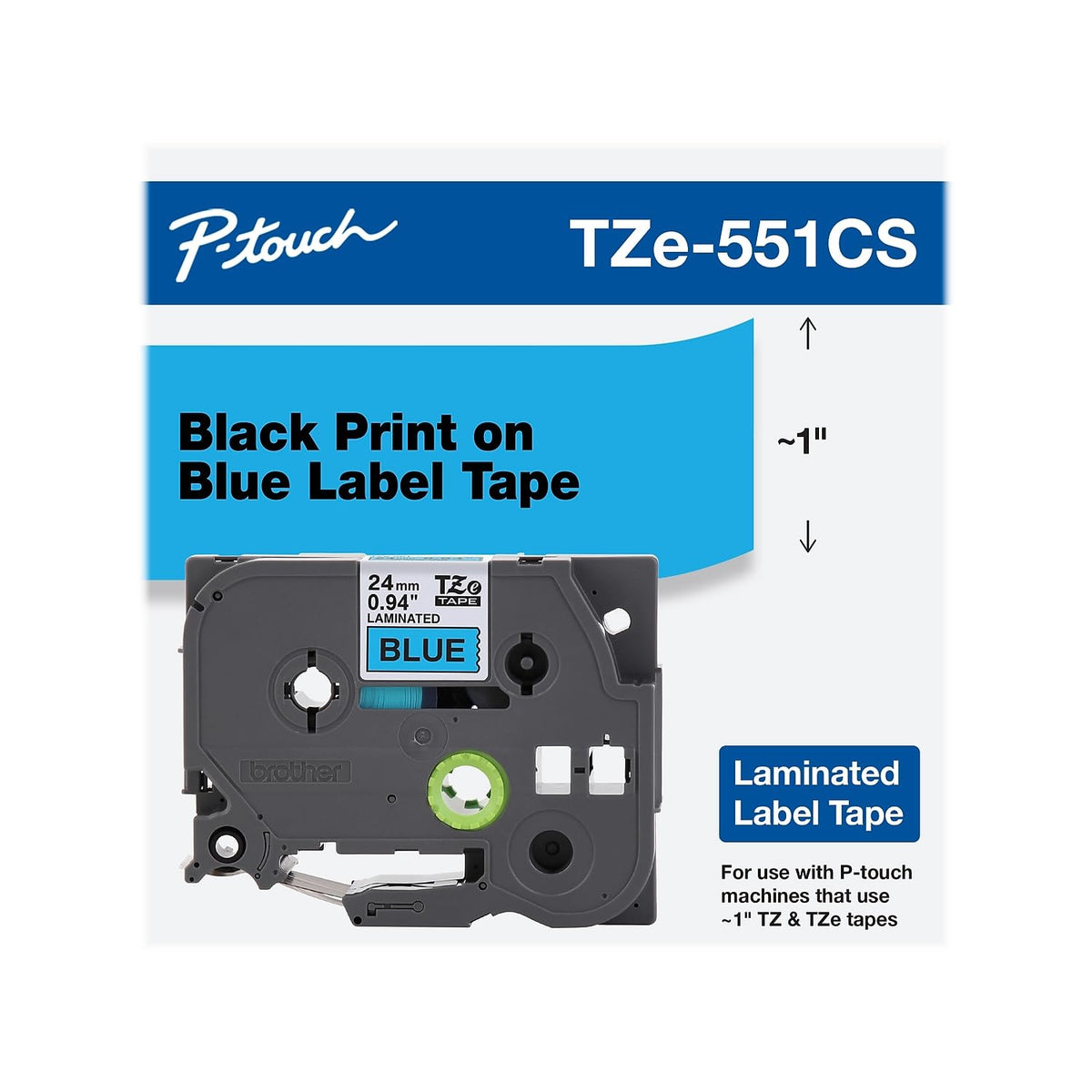 Brother Genuine P-touch, TZe-551CS, 0.94” x 26.2’, Black on Blue Laminated Label Tape