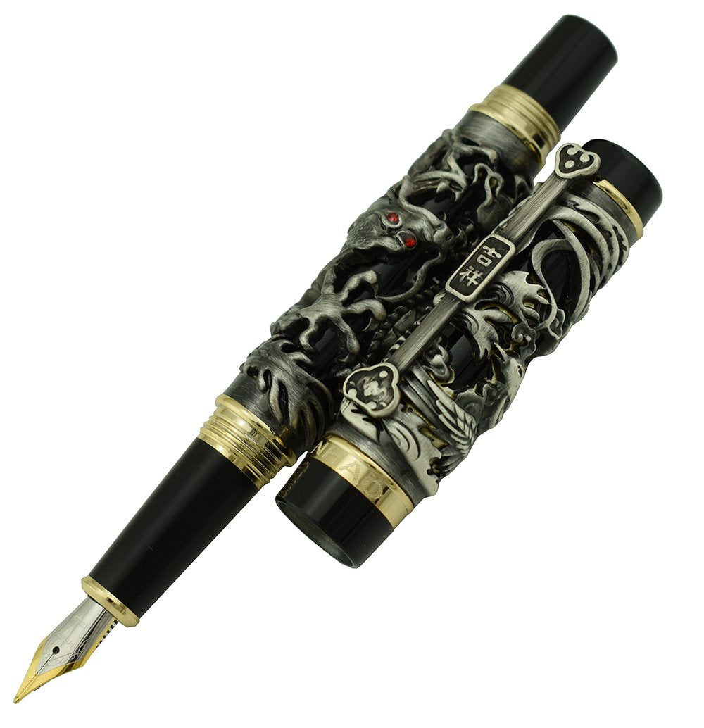 Lanxivi Dragon Phoenix Fountain Pen Medium Nib Writing Luxury Case Set Vintage Black Pen Collection
