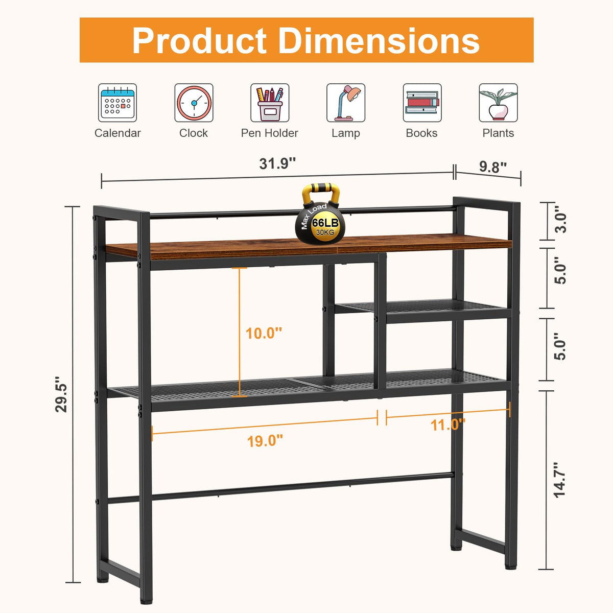 Snughome 31.9" Desk Shelf, Desktop Organizer Shelf, Desk Hutch Dorm, 3-Tier Desk Display Rack