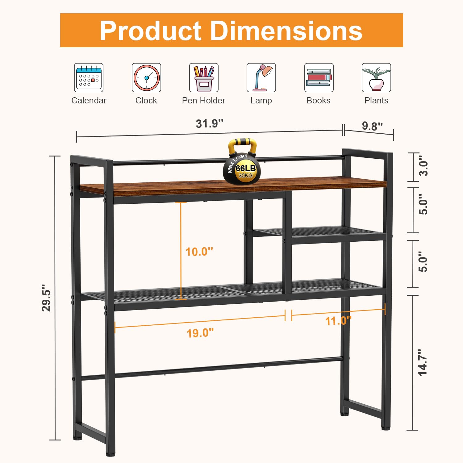 Snughome 31.9" Desk Shelf, Desktop Organizer Shelf, Desk Hutch Dorm, 3-Tier Desk Display Rack