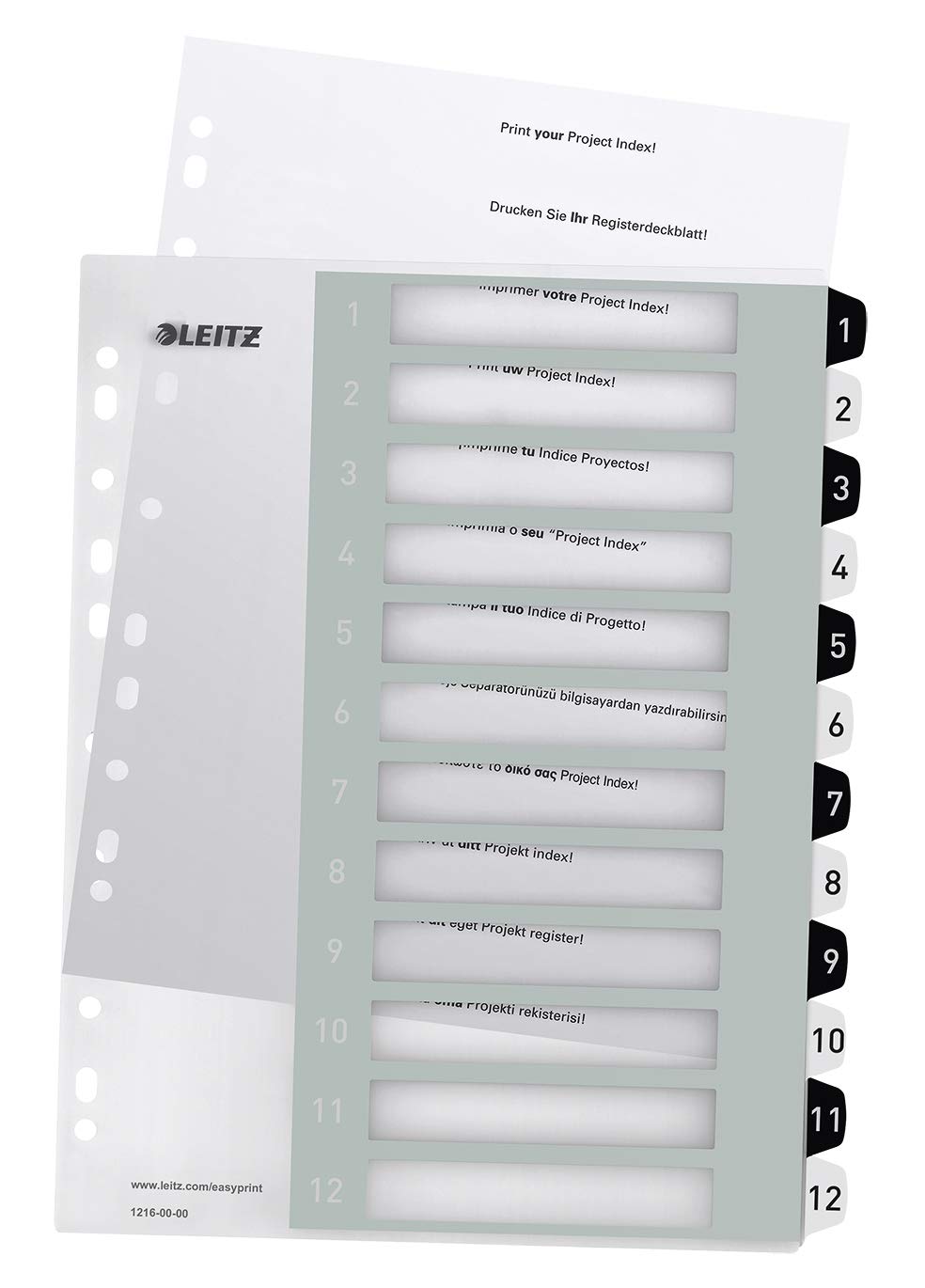 Leitz Wow Printable Index, Extra-Wide, 1-12 Numbered Tabs, PP, A4, White/Black